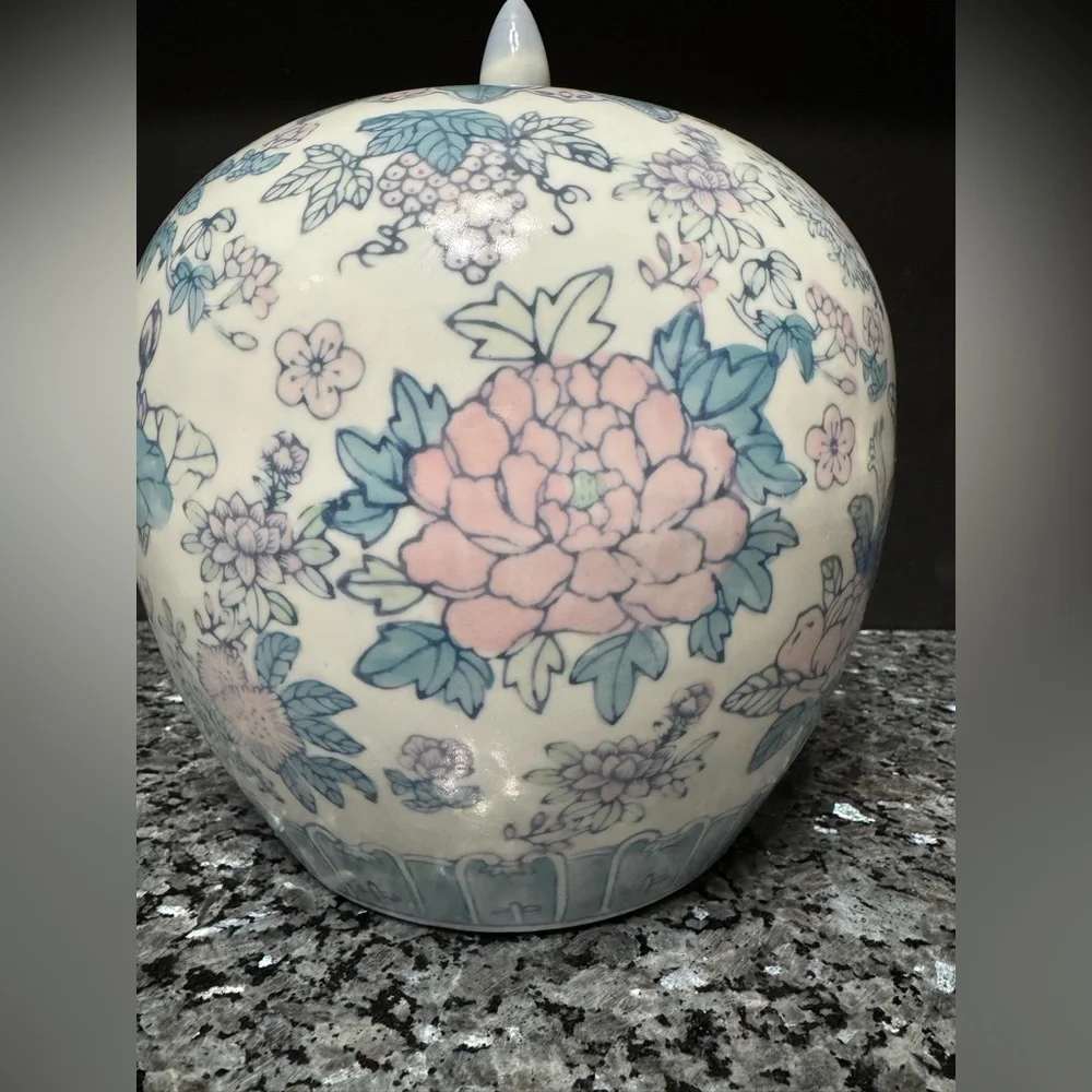 Vintage 9.5” Large Chinoiserie Light Blue & White, Pink Floral Temple Ginger Jar - Picture 2 of 7